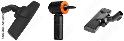 Set of three black vacuum cleaner attachments isolated on a white background