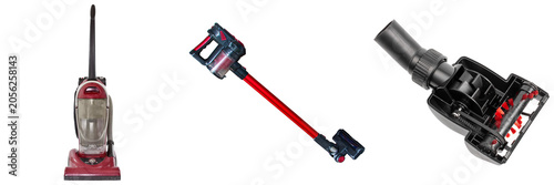 Three different vacuum cleaners and parts isolated on white background