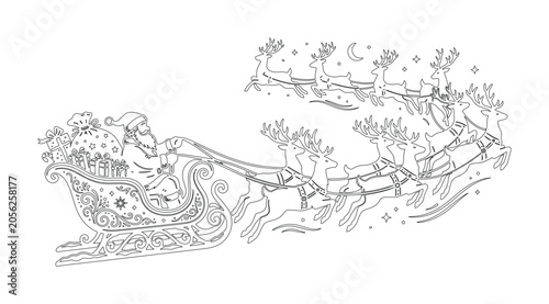 Black and White Santa Sleigh with Reindeer Line Art Illustration