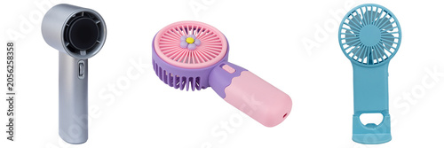 Three portable handheld fans in different colors: silver, pink and purple, and blue, isolated on a white background.