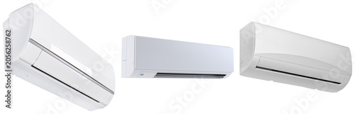 Three white split air conditioning units displayed from different angles on a white background