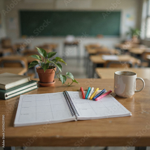 Planner rests on a wooden desk with a small potted plant and a ceramic mug in a blurred classroom environment setting.