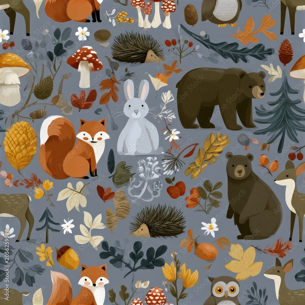 Fototapeta premium Woodland animals seamless pattern with fox squirrel bear and owl, forest nursery theme, playful nature decor, charming illustration.