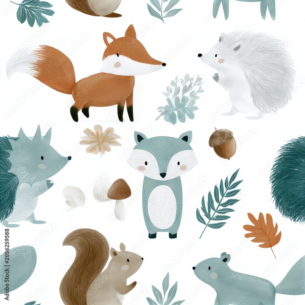 Fototapeta premium Autumn fox seamless pattern with woodland foliage, playful forest theme, charming wildlife decor, colorful nursery illustration.