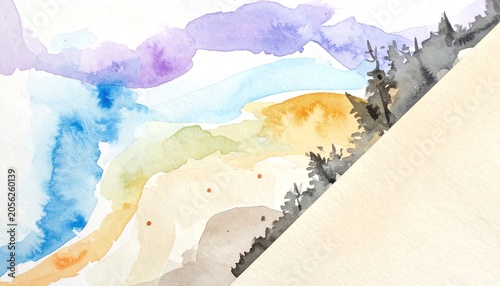 Loose watercolor landscape painting with layered mountain and forest scenery