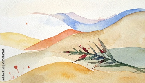 Soft watercolor desert landscape with rolling hills and wildflower plant