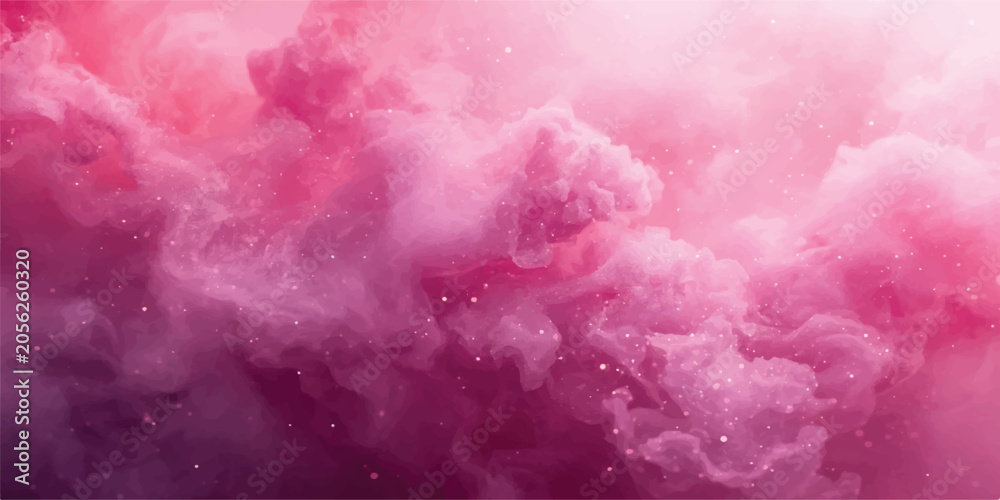 Fototapeta premium Ethereal pink and purple smoke waves flowing through a dark cosmic background, glowing particles, dreamy abstract energy, cinematic lighting. 