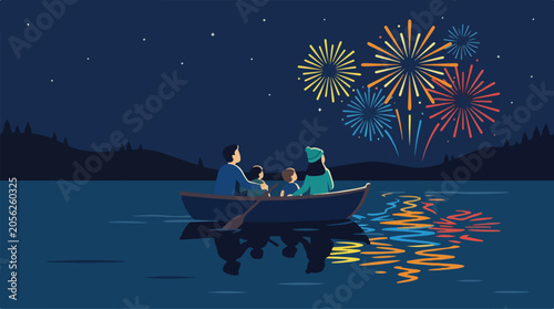 Family enjoys summer fireworks on 4th of July by serene lake at dusk