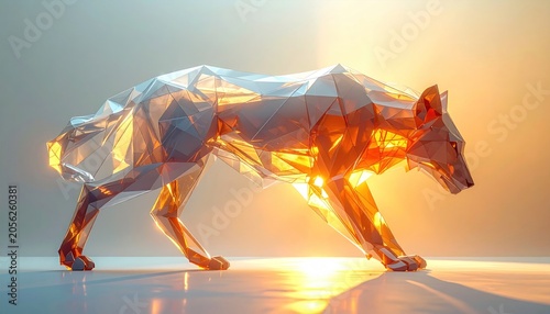 Geometric wolf sculpture, glowing with internal light, against warm backdrop