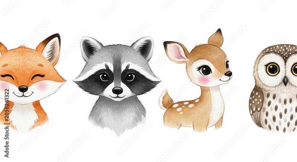 Fototapeta premium Cute Watercolor Forest Animals Set with Fox, Raccoon, Deer, and Owl Illustrations for Nursery Decor and Children's Design