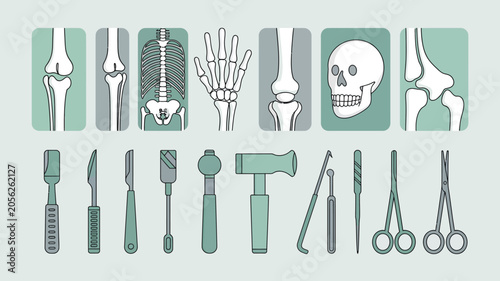 Medical Equipment Icons Set Surgical Tools and Human Bone Vector Illustrations