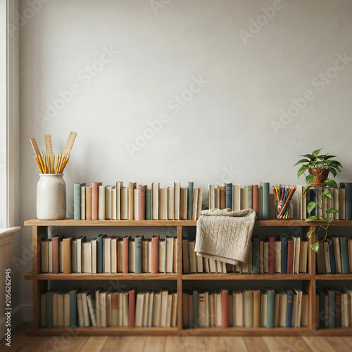 Bookshelf made of dark wood holds a diverse collection of vintage hardbound books along with a small indoor plant.