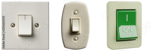 Fotografie Three different types of light switches isolated on a white background