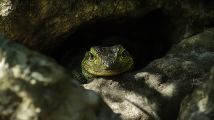Lizard peeking from rocky crevice