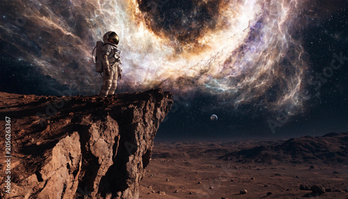 Astronaut Standing on Rocky Desert Cliff Edge Observing a Massive Cosmic Nebula and Vortex in Deep Space