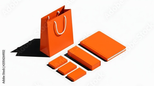 Orange shopping bag and stationery mockup set on white background with stationery branding shopping corporate identity business presentation template products