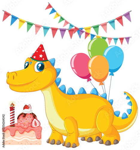 Friendly Yellow Dinosaur Wearing Party Hat with Cake and Colorful Balloons