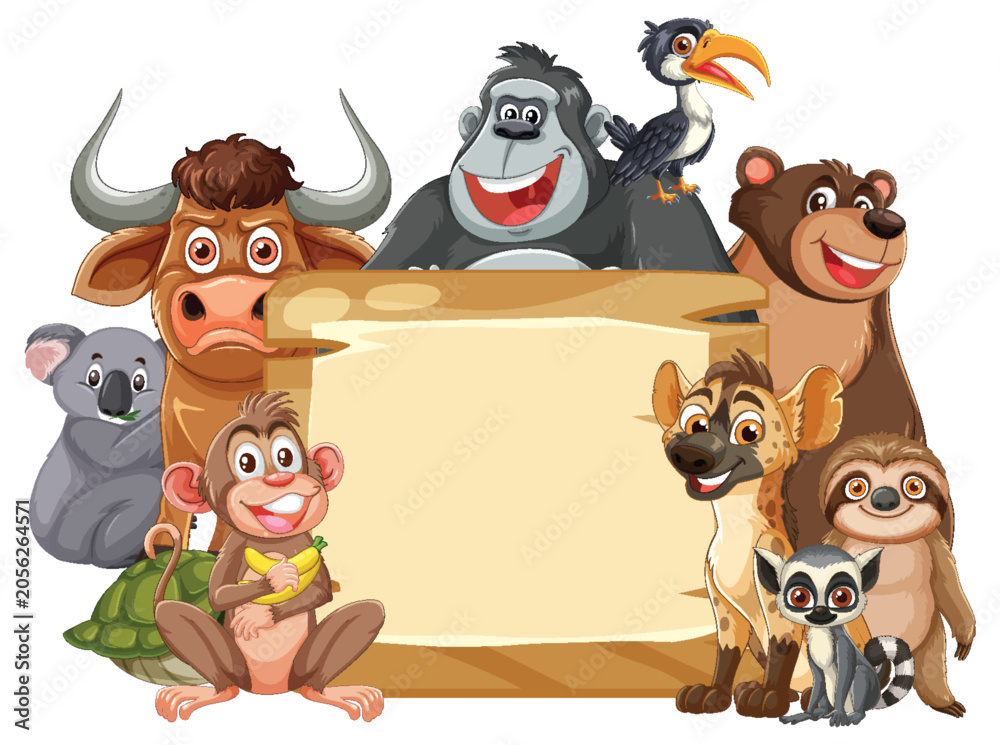 Fototapeta premium Group of Cartoon Jungle Animals Around Blank Wooden Sign