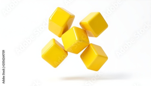 Five bright yellow glossy cubes floating in a dynamic arrangement against a white background