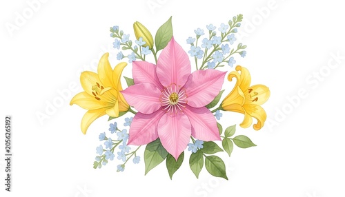 Delicate watercolor bouquet featuring pink clematis and yellow lilies with blue blossoms