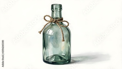 Watercolor illustration of a clear glass bottle with twine bow on white background