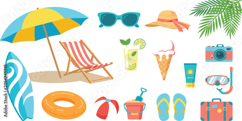 Colorful flat design summer beach vacation elements vector clip art set for tropical holiday concept