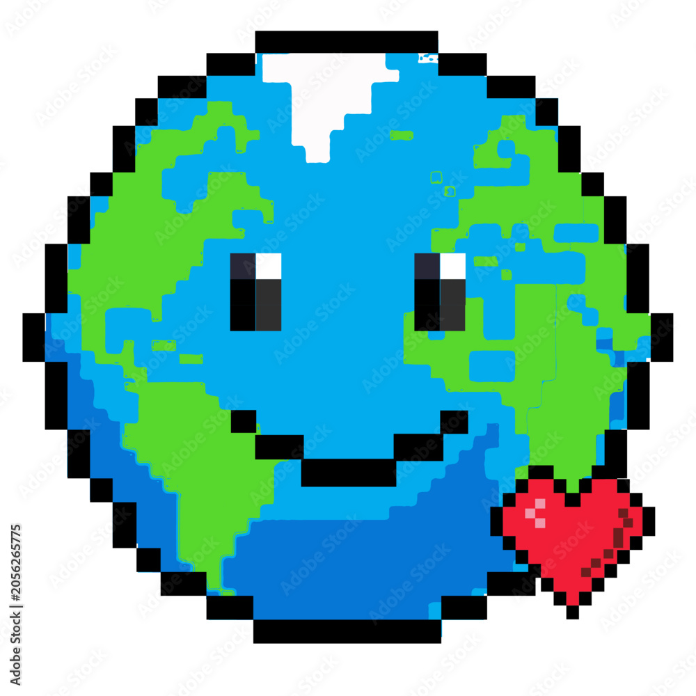 Fototapeta premium retro 8-bit pixel art emoji earth character icon with heart for environmental design.