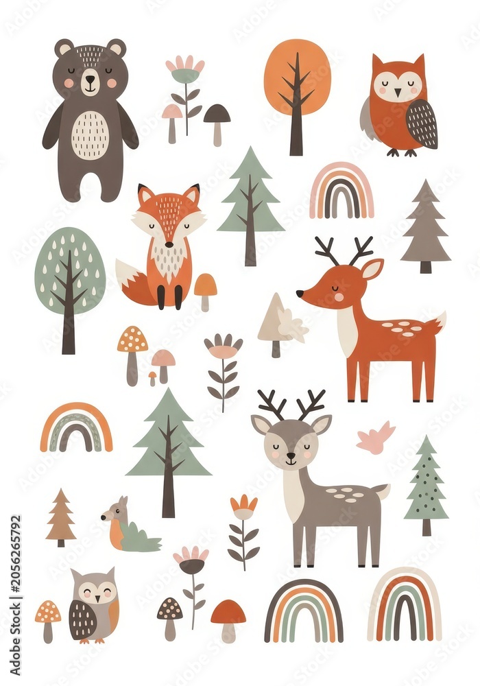 Fototapeta premium Cute Scandinavian Forest Animal Collection with Bear Fox Deer Owl and Nature Elements for Kids Nursery Decor