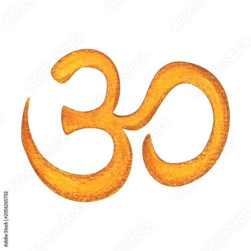 Indian Om sign, hand-drawn watercolor illustration, cartoon. Design for stickers, cards, scrapbooking, and souvenirs. India, holiday, legends, festival, gods, drawing, ornament
