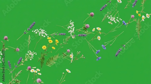 Colorful Wildflowers and Ferns on Bright Green Background