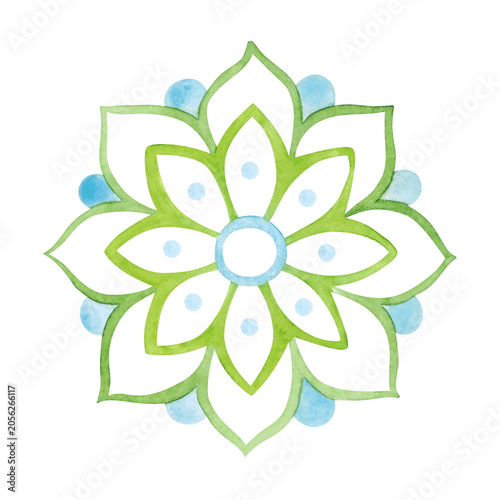 Blue and green Indian mandala, hand-drawn watercolor illustration, cartoon. Design for stickers, cards, scrapbooking, and souvenirs. India, holiday, legends, festival, gods, drawing, ornament