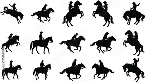 Принти на полотні Cowboy Horse Riding Silhouette Collection Featuring Rodeo Action, Ranch Life and