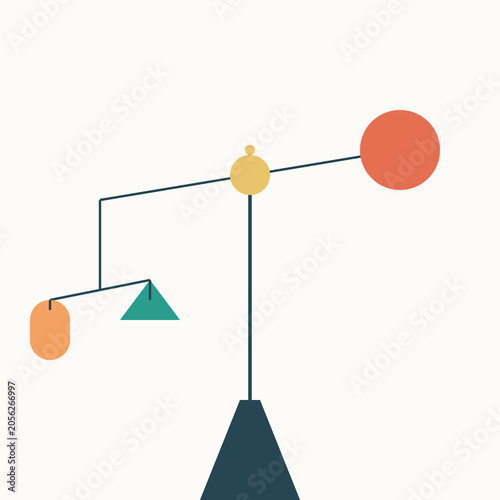 Quadro su tela Abstract geometric mobile sculpture featuring balanced colorful shapes and thin lines on a white background