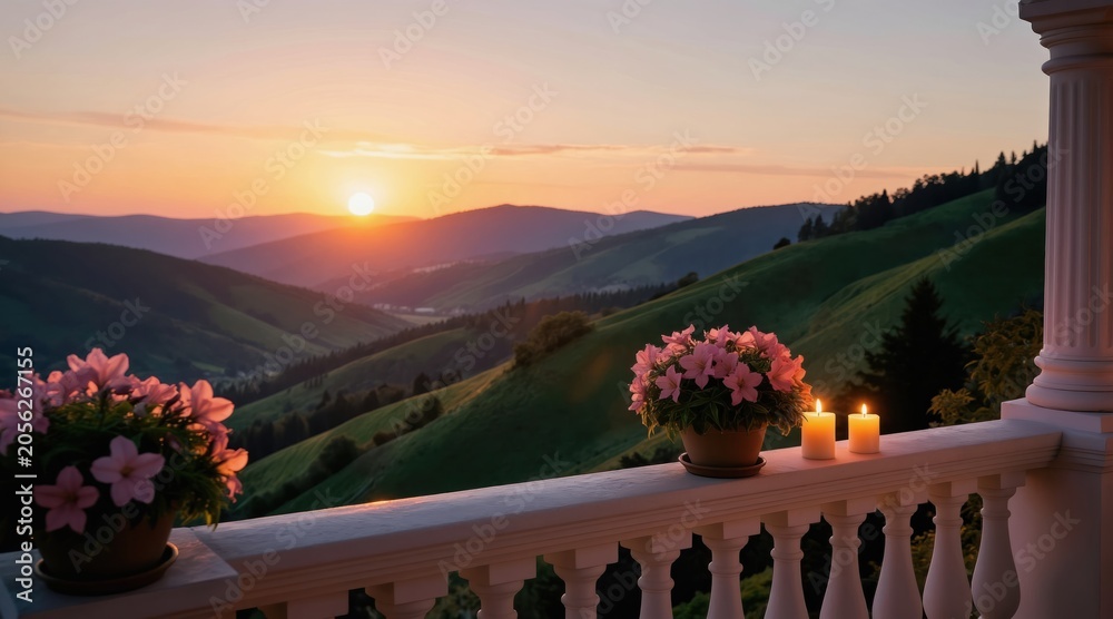 Fototapeta premium Balcony view of green hills at sunset. Potted flowers and lit candles sit on the railing. Soft light bathes the serene landscape. Peaceful mountain scenery.