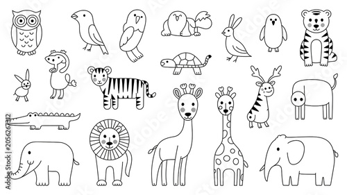 Cute cartoon animal icon set with doodle style illustrations for kids and seamless design
