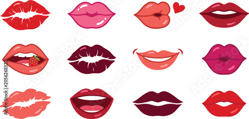 Sexy female red lips set with various expressions kiss smile mouth for beauty makeup concept