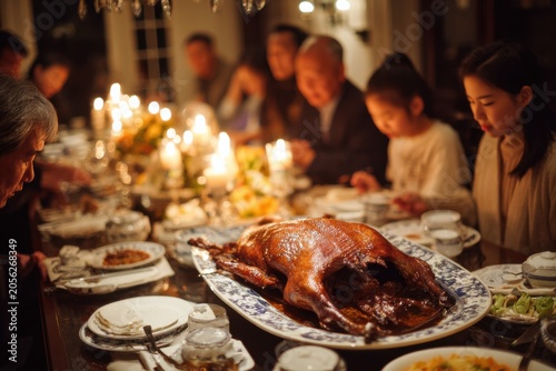 Large family table with whole roasted Peking duck as centerpiece with hoisin sauce and thin pancakes, Beijing family festive celebration tradition,Chinese heritage documentation