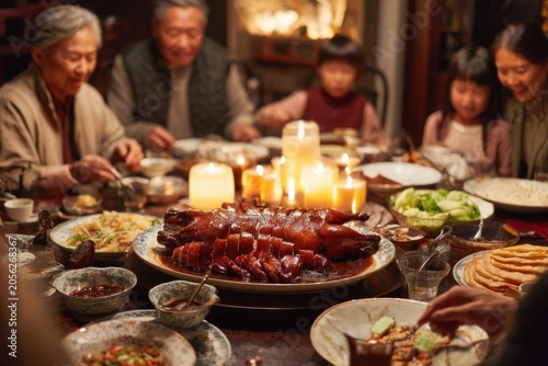 Large family table with whole roasted Peking duck as centerpiece with hoisin sauce and thin pancakes, Beijing family festive celebration tradition,Chinese heritage documentation