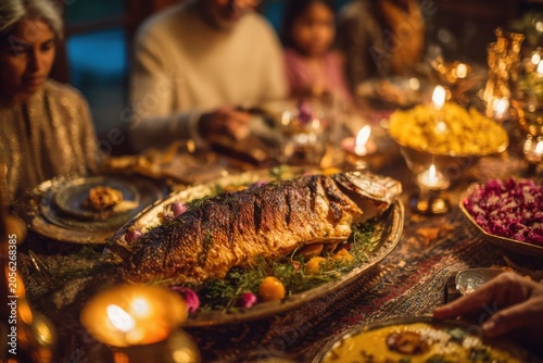 Large family table with whole roasted seabass as centerpiece with pomegranate glaze, Pakistani family celebration tradition