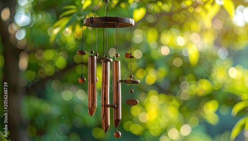 Wind Chimes Hanging Outdoors with Green Bokeh Background