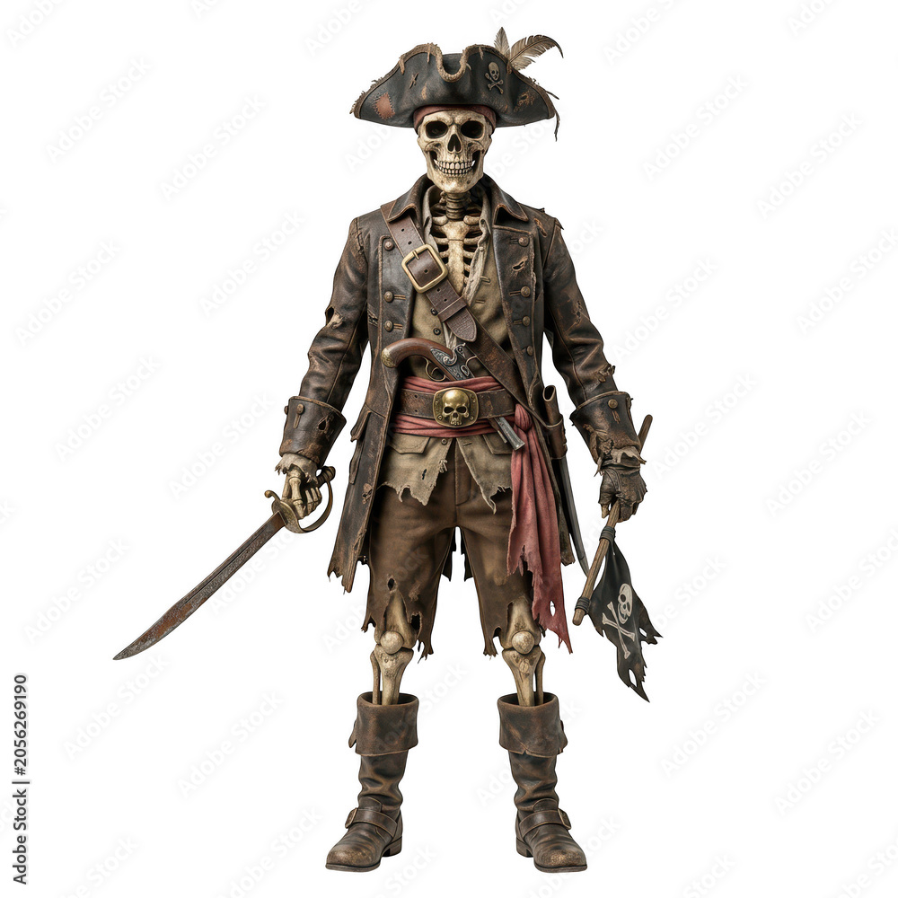 Fototapeta premium Full body shot of a detailed pirate skeleton action figure wearing a tattered coat and hat, isolated on transparent background
