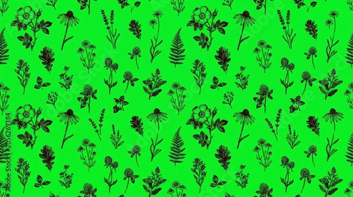 Black Floral Pattern on Bright Green Background for Textile Design