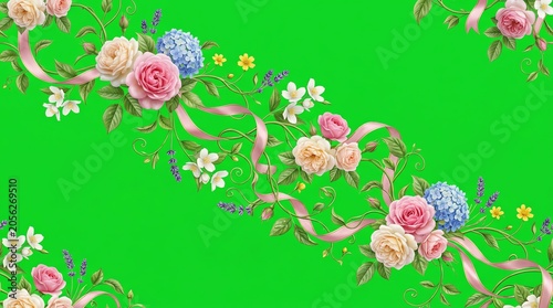 Elegant Floral Arrangement with Pink Roses White Flowers and Blue Hydrangeas on Bright Green Background