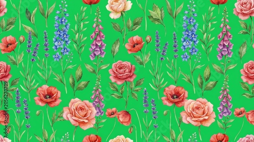 Colorful Floral Pattern with Roses Lavender and Poppies on Bright Green Background