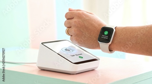A person uses a smartwatch to make a contactless payment on a modern card reader at a light-colored counter.
