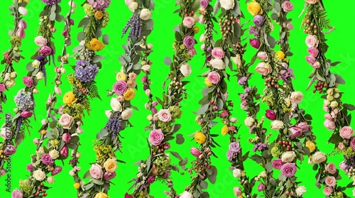 Colorful Flower Garlands Hanging on Bright Green Background for Celebrations and Decorations