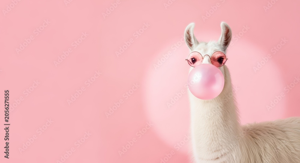 Fototapeta premium Funny White Llama Wearing Pink Sunglasses Blowing a Bubblegum Bubble on a Pink Background with Copy Space