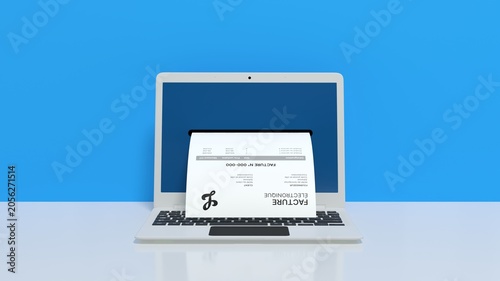 Facture électronique qui sort d'un écran d'ordinateur portable - rendu 3D	
