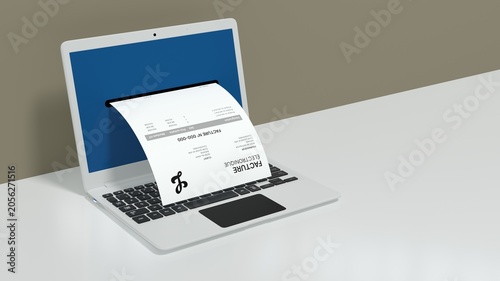 Facture électronique qui sort d'un écran d'ordinateur portable - rendu 3D	
