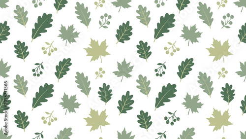 Canvas Print Repeating Leaf Pattern with Green Oak and Maple Leaves on White Background